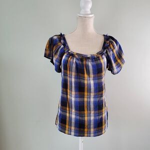 VINCE CAMUTO SUNSET PLAID RUFFLED SQUARE NECK TOP  ELECTRIC BLUE SIZE XS